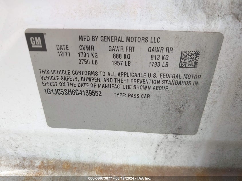 2012 Chevrolet Sonic 2Lt VIN: 1G1JC5SH6C4139552 Lot: 39673877