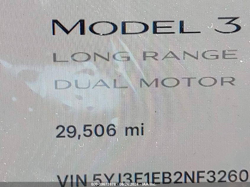 2022 Tesla Model 3 Long Range Dual Motor All-Wheel Drive VIN: 5YJ3E1EB2NF326003 Lot: 39673878