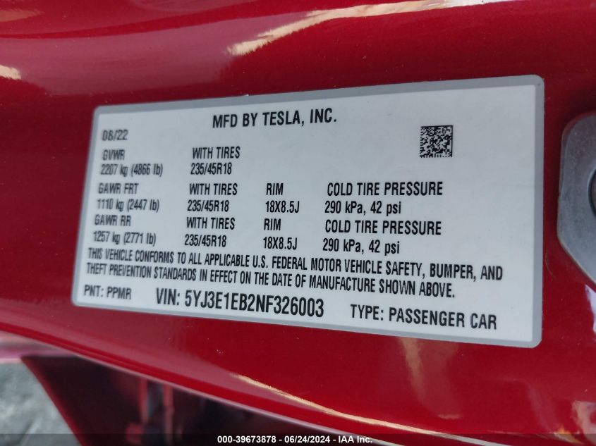 2022 Tesla Model 3 Long Range Dual Motor All-Wheel Drive VIN: 5YJ3E1EB2NF326003 Lot: 39673878