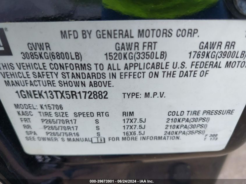 2005 Chevrolet Tahoe Z71 VIN: 1GNEK13TX5R172882 Lot: 39673901