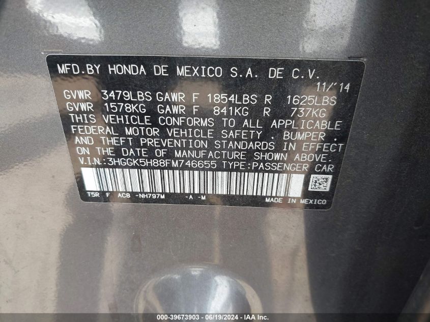 2015 Honda Fit Ex/Exl VIN: 3HGGK5H88FM746655 Lot: 39673903