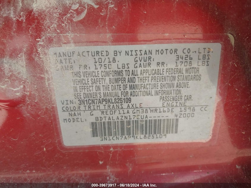 2019 Nissan Versa 1.6 S+ VIN: 3N1CN7AP9KL825109 Lot: 39673917