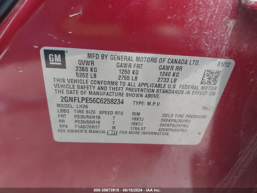 2012 Chevrolet Equinox 2Lt VIN: 2GNFLPE56C6258234 Lot: 39673918