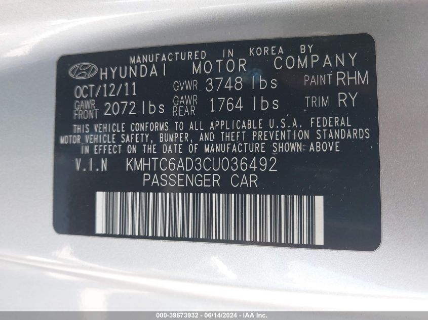 2012 Hyundai Veloster Base W/Black VIN: KMHTC6AD3CU036492 Lot: 39673932