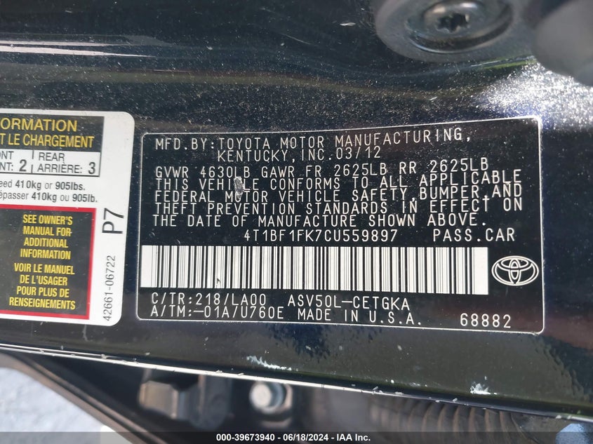 2012 Toyota Camry Xle VIN: 4T1BF1FK7CU559897 Lot: 39673940
