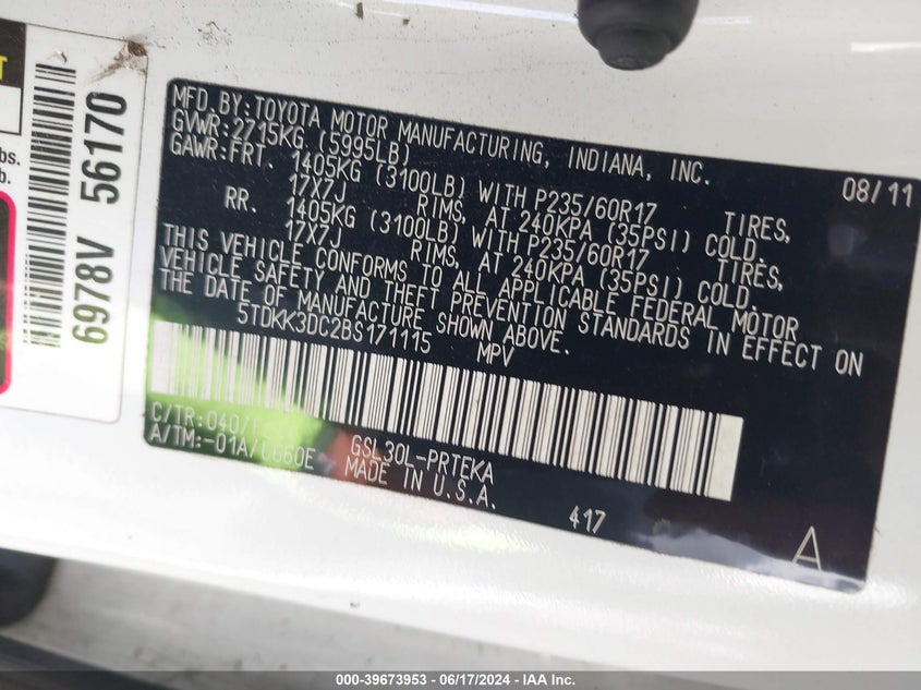 2011 Toyota Sienna Le V6/Le V6 Auto Access Seat VIN: 5TDKK3DC2BS171115 Lot: 39673953