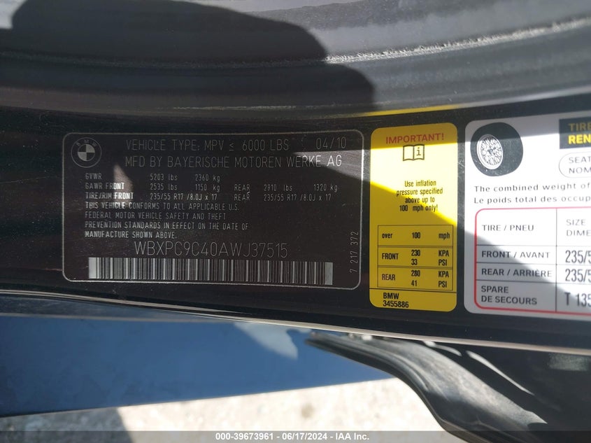 2010 BMW X3 xDrive30I VIN: WBXPC9C40AWJ37515 Lot: 39673961