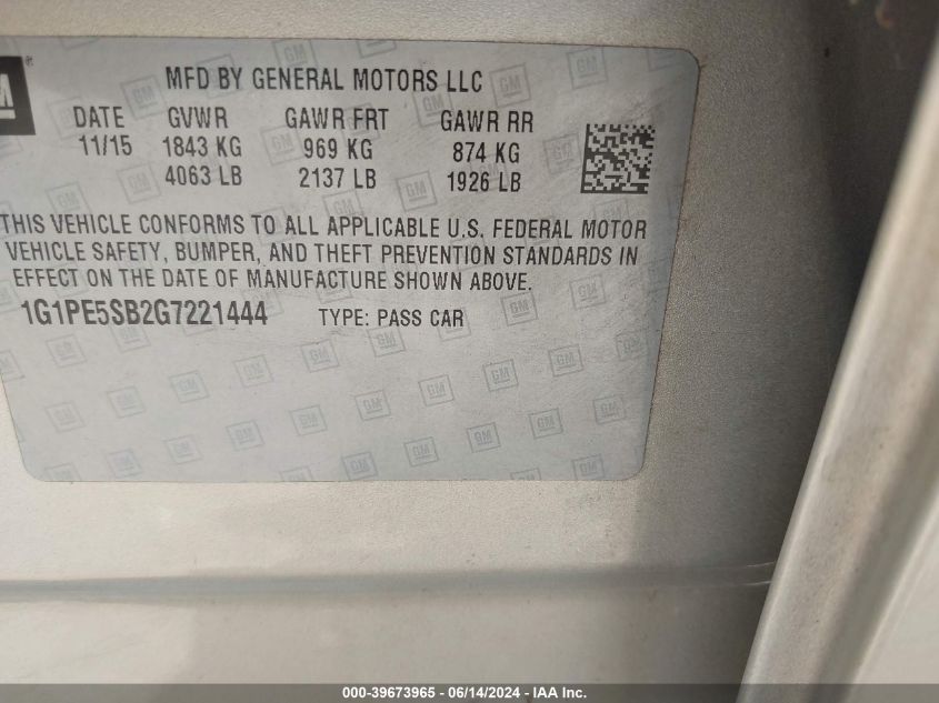 2016 Chevrolet Cruze Limited 1Lt Auto VIN: 1G1PE5SB2G7221444 Lot: 39673965