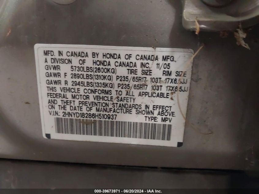2006 Acura Mdx VIN: 2HNYD18286H510937 Lot: 39673971