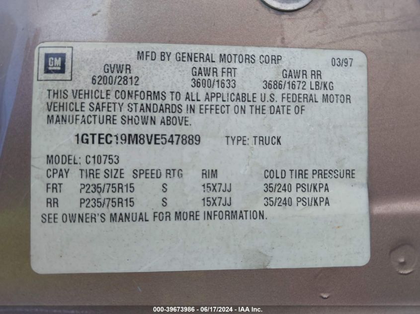 1997 GMC Sierra 1500 Sl Wideside VIN: 1GTEC19M8VE547889 Lot: 39673986