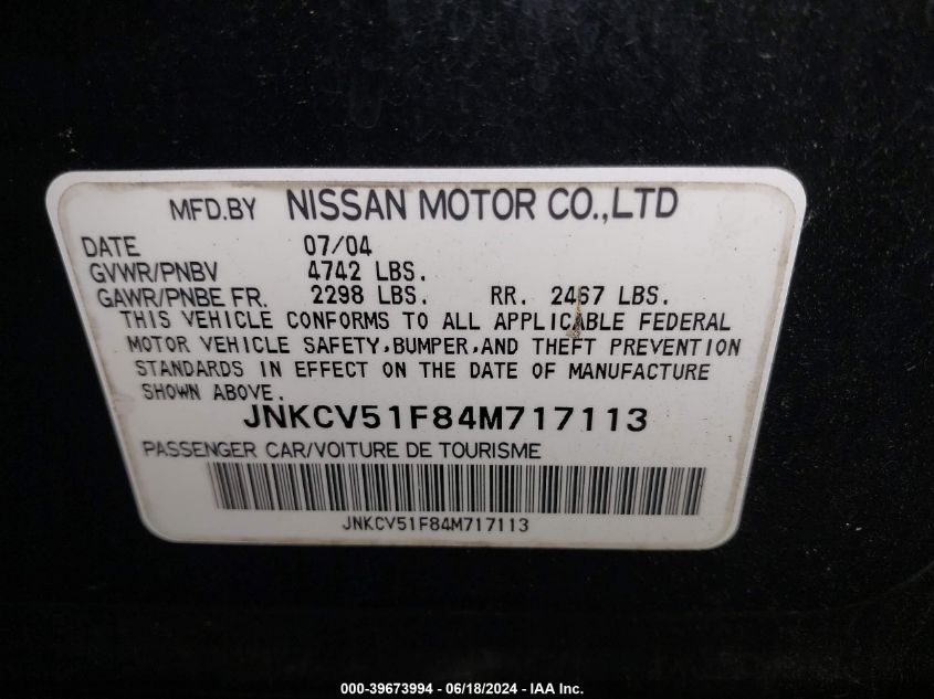 2004 Infiniti G35X VIN: JNKCV51F84M717113 Lot: 39673994