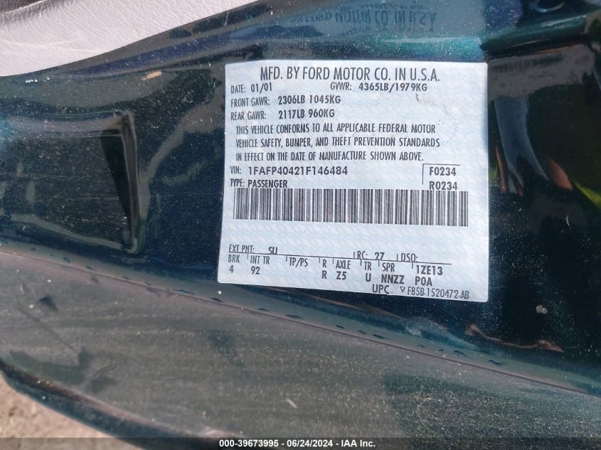 2001 Ford Mustang VIN: 1FAFP40421F146484 Lot: 39673995