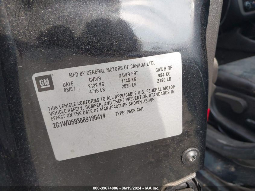 2008 Chevrolet Impala Ltz VIN: 2G1WU583589186414 Lot: 39674006