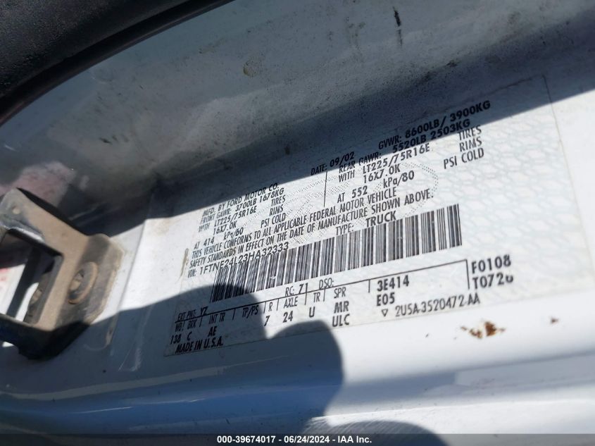 2003 Ford Econoline E250 Van VIN: 1FTNE24L23HA32333 Lot: 39674017