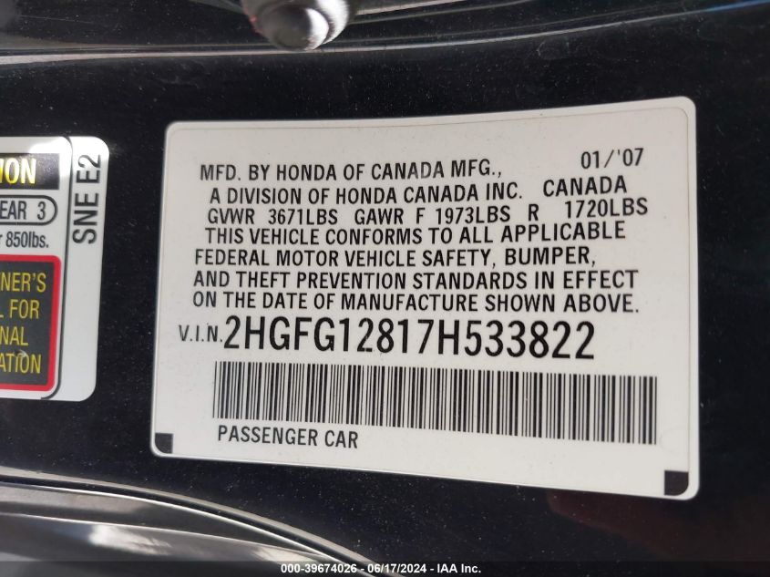 2007 Honda Civic Ex VIN: 2HGFG12817H533822 Lot: 39674026