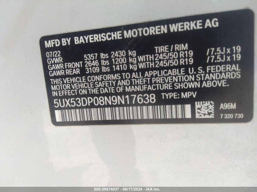 2022 BMW X3 xDrive30I VIN: 5UX53DP08N9N17638 Lot: 39674037