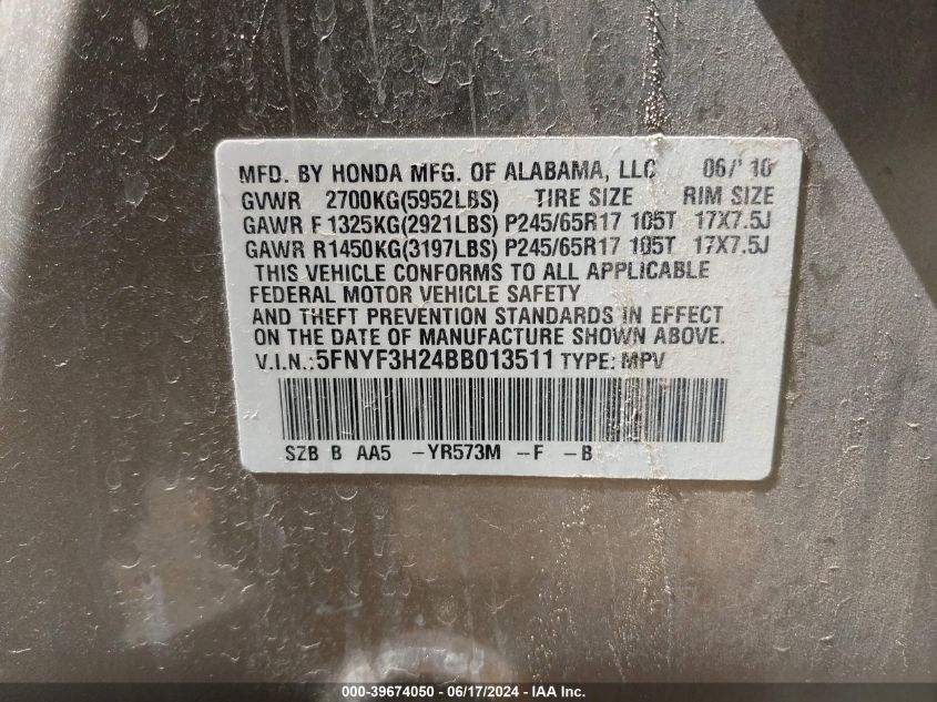 2011 Honda Pilot Lx VIN: 5FNYF3H24BB013511 Lot: 39674050