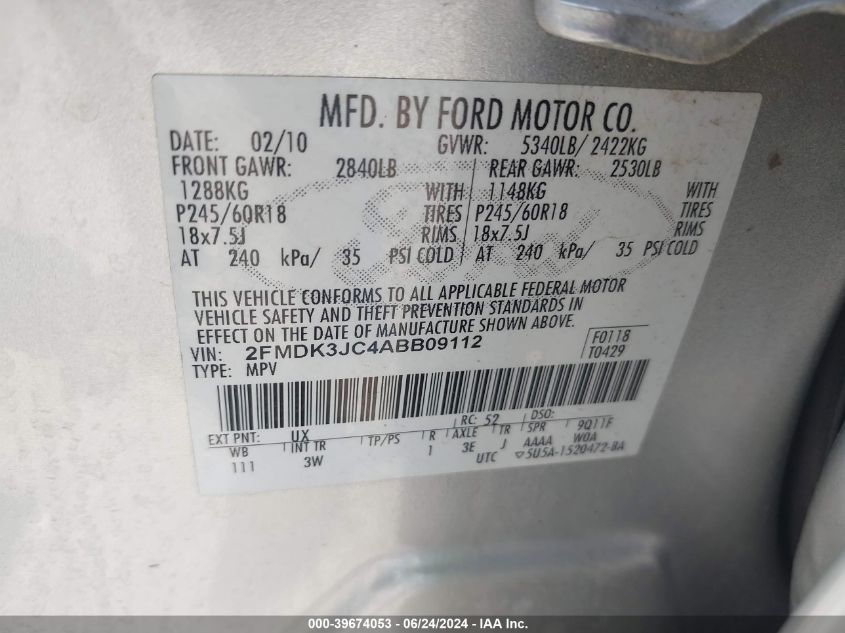 2010 Ford Edge Sel VIN: 2FMDK3JC4ABB09112 Lot: 39674053