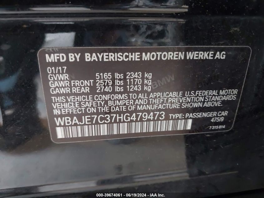 2017 BMW 540I xDrive VIN: WBAJE7C37HG479473 Lot: 39674061