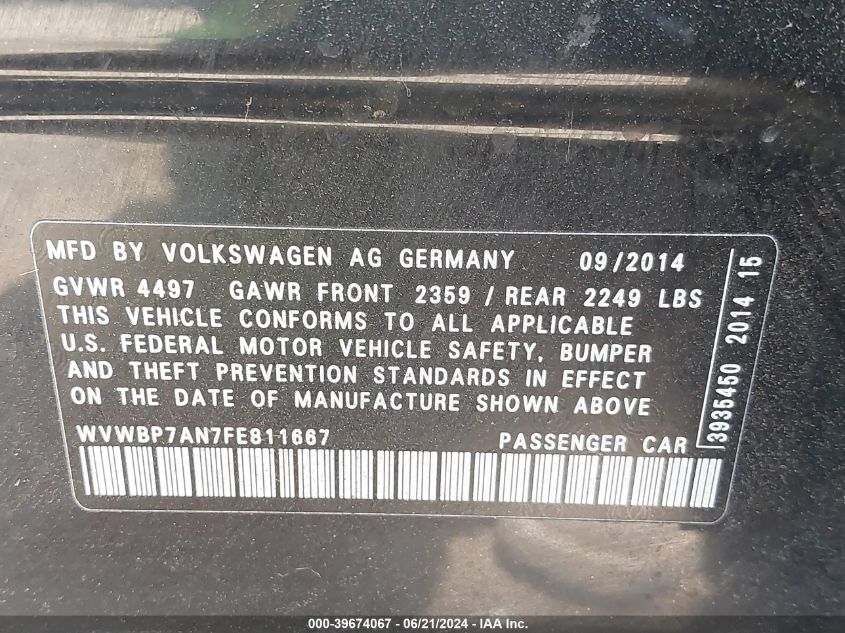 2015 Volkswagen Cc 2.0T Sport VIN: WVWBP7AN7FE811667 Lot: 39674067