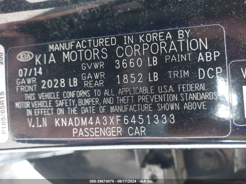 2015 Kia Rio Lx VIN: KNADM4A3XF6451333 Lot: 39674070