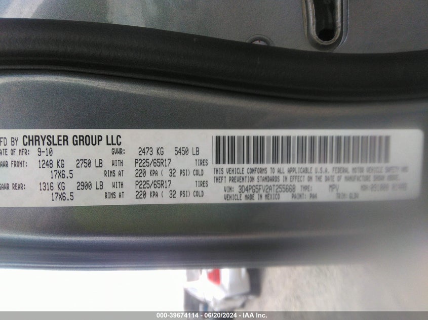 2010 Dodge Journey Sxt VIN: 3D4PG5FV2AT255668 Lot: 39674114