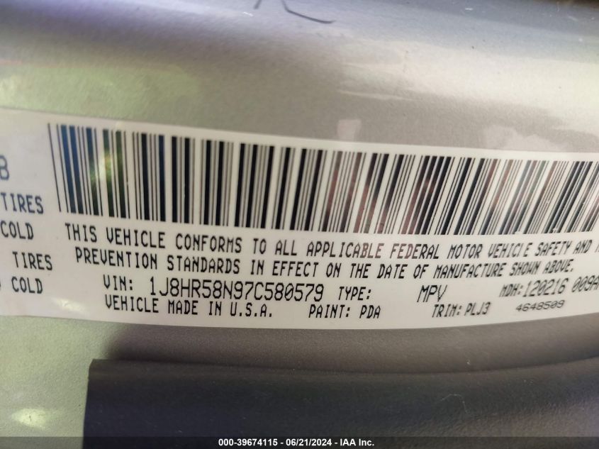 2007 Jeep Grand Cherokee Limited VIN: 1J8HR58N97C580579 Lot: 39674115