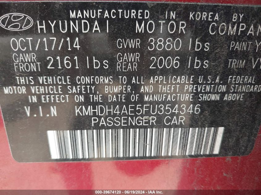 KMHDH4AE5FU354346 2015 Hyundai Elantra Se