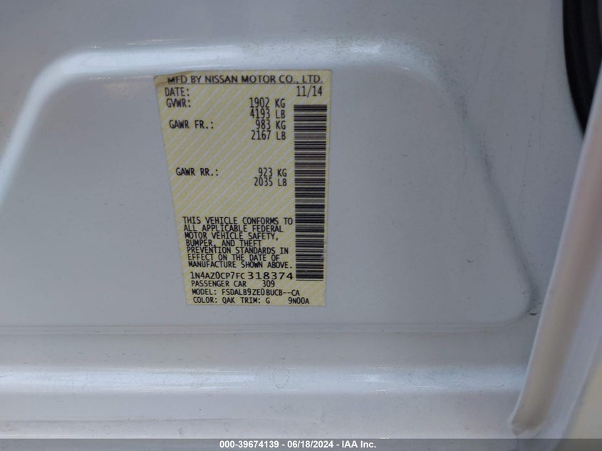 2015 Nissan Leaf S VIN: 1N4AZ0CP7FC318374 Lot: 39674139