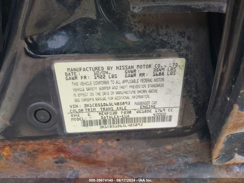 2005 Nissan Sentra 1.8S VIN: 3N1CB51D65L485893 Lot: 39674145