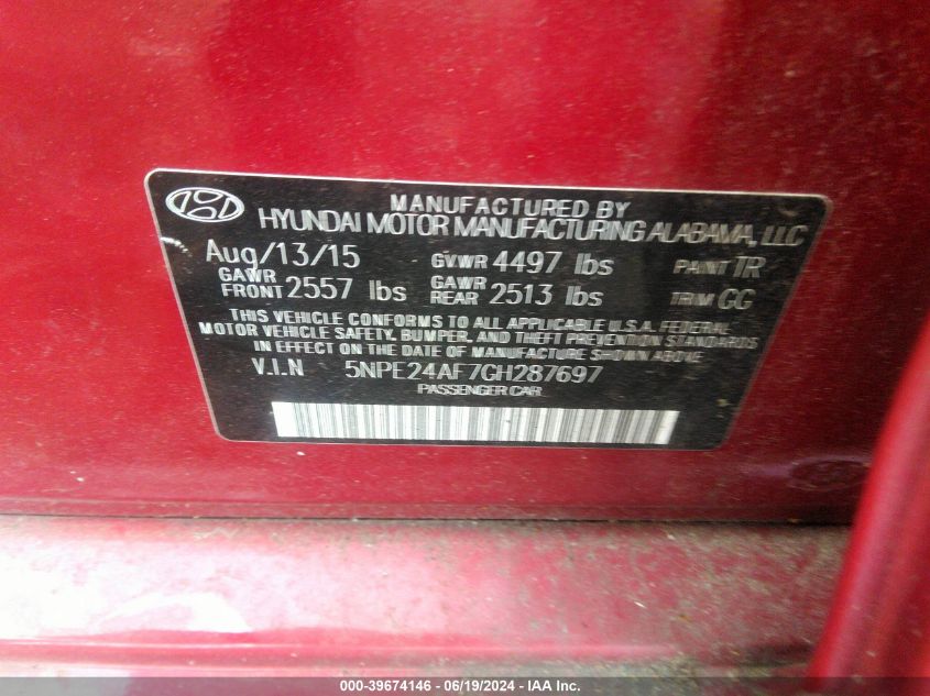 2016 Hyundai Sonata Se VIN: 5NPE24AF7GH287697 Lot: 39674146