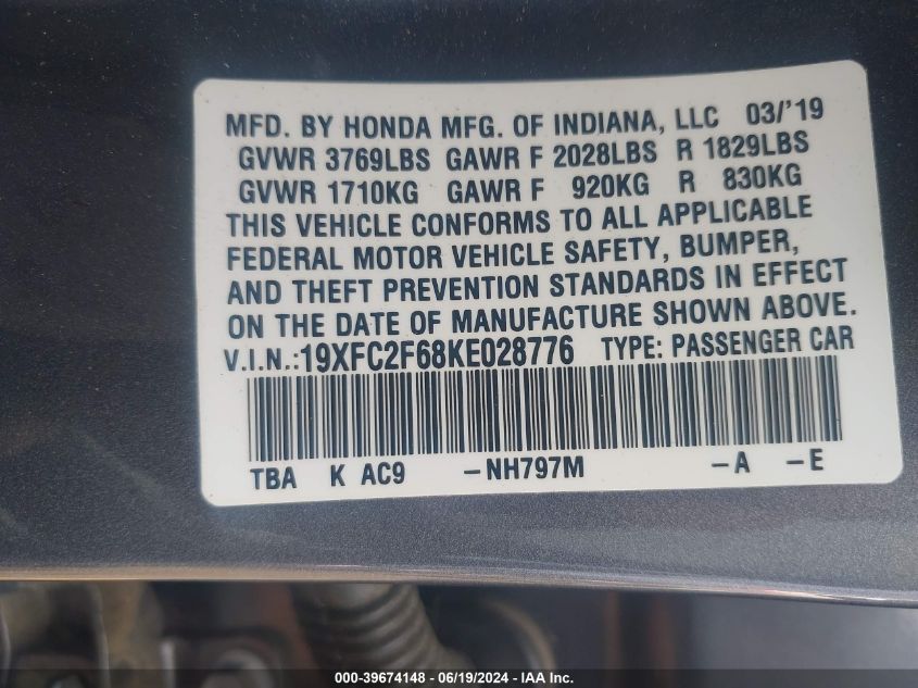 2019 Honda Civic Lx VIN: 19XFC2F68KE028776 Lot: 39674148