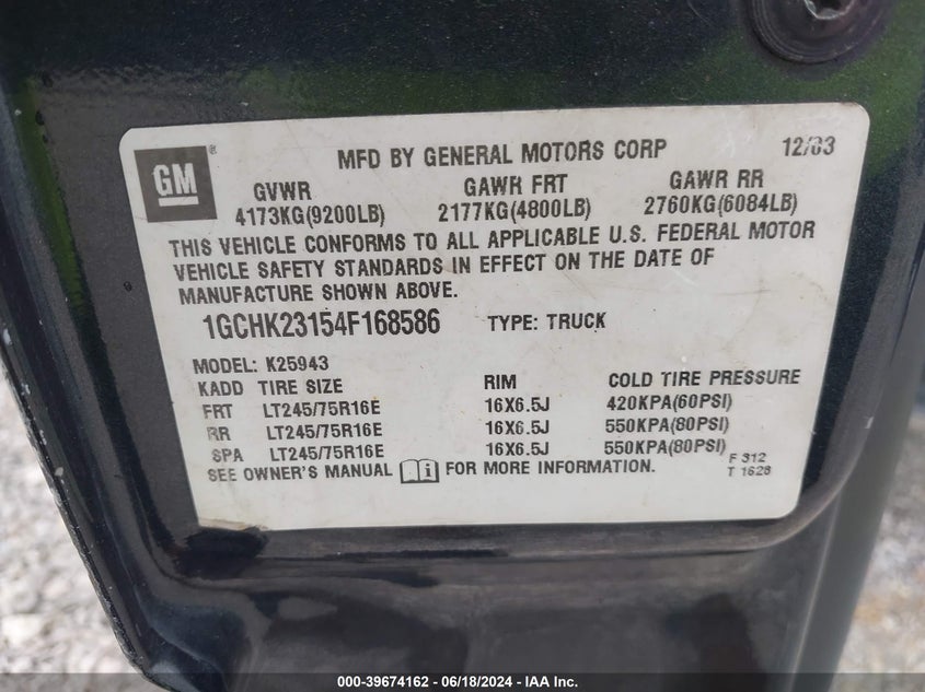 2004 Chevrolet Silverado 2500Hd Ls VIN: 1GCHK23154F168586 Lot: 39674162