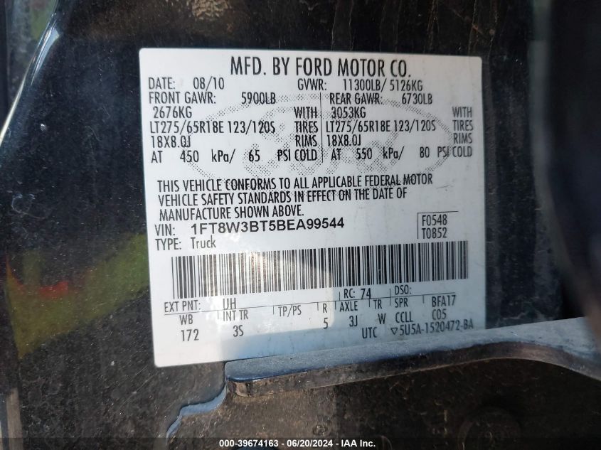 2011 Ford F-350 Xlt VIN: 1FT8W3BT5BEA99544 Lot: 39674163