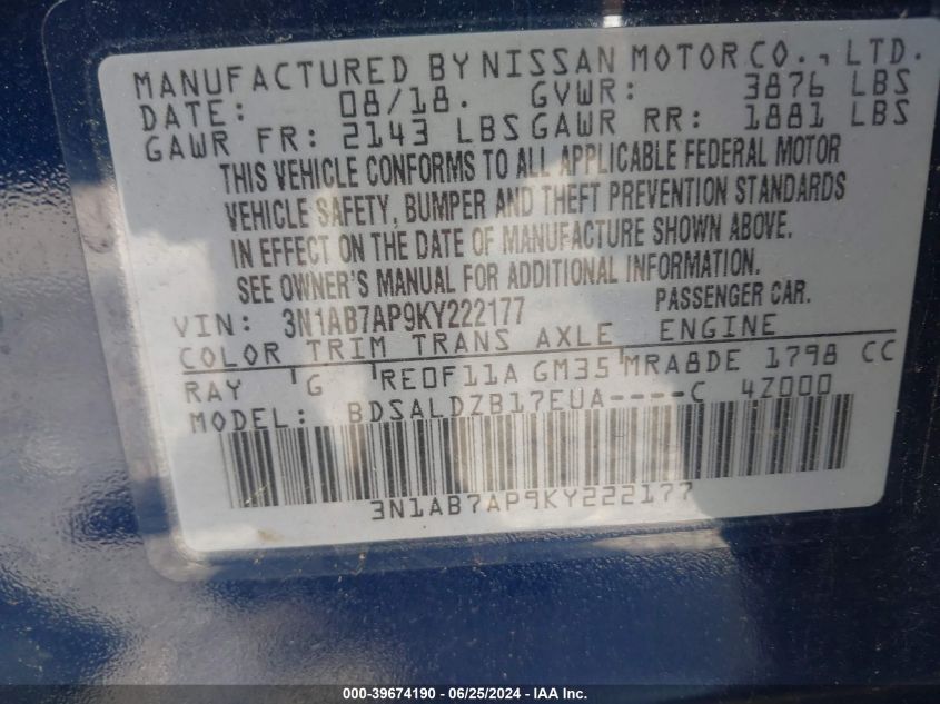 3N1AB7AP9KY222177 2019 Nissan Sentra Sv