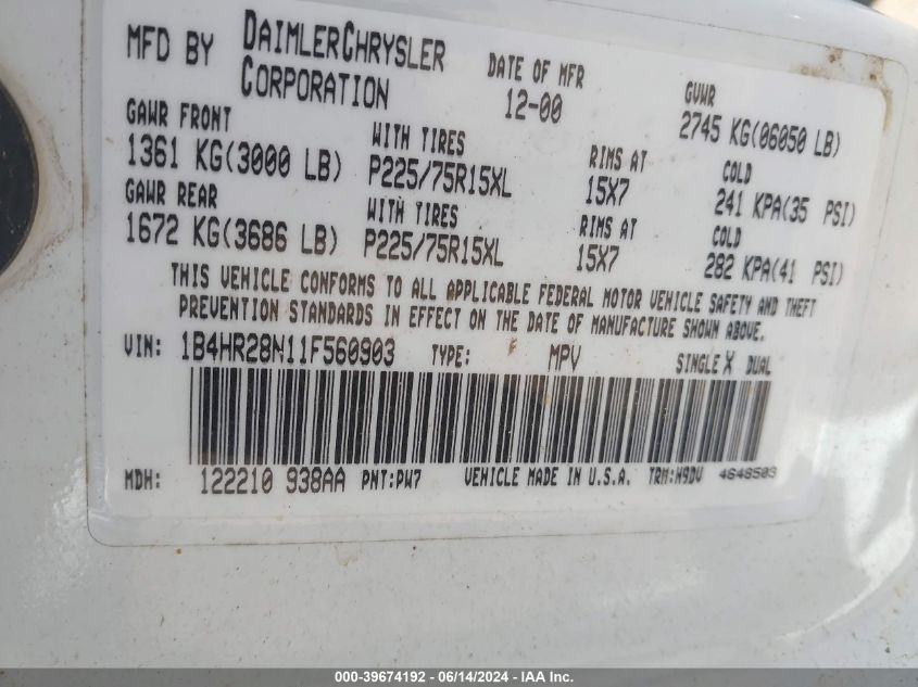 2001 Dodge Durango VIN: 1B4HR28N11F560903 Lot: 39674192