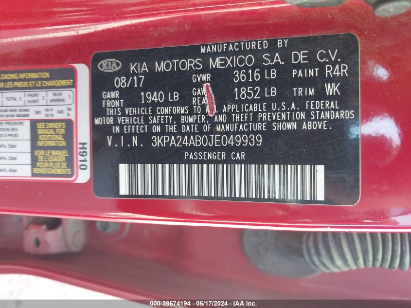 2018 Kia Rio S VIN: 3KPA24AB0JE049939 Lot: 39674194