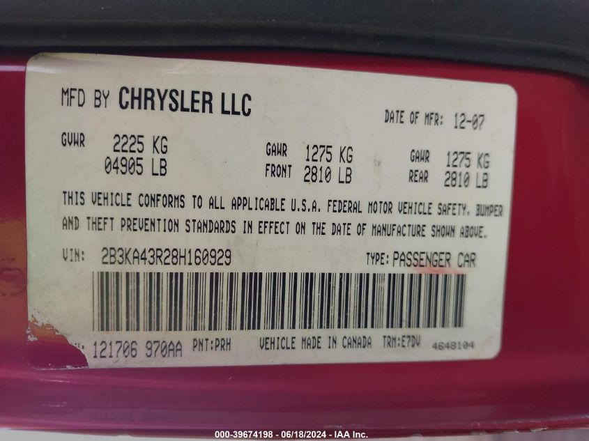 2008 Dodge Charger VIN: 2B3KA43R28H160929 Lot: 39674198