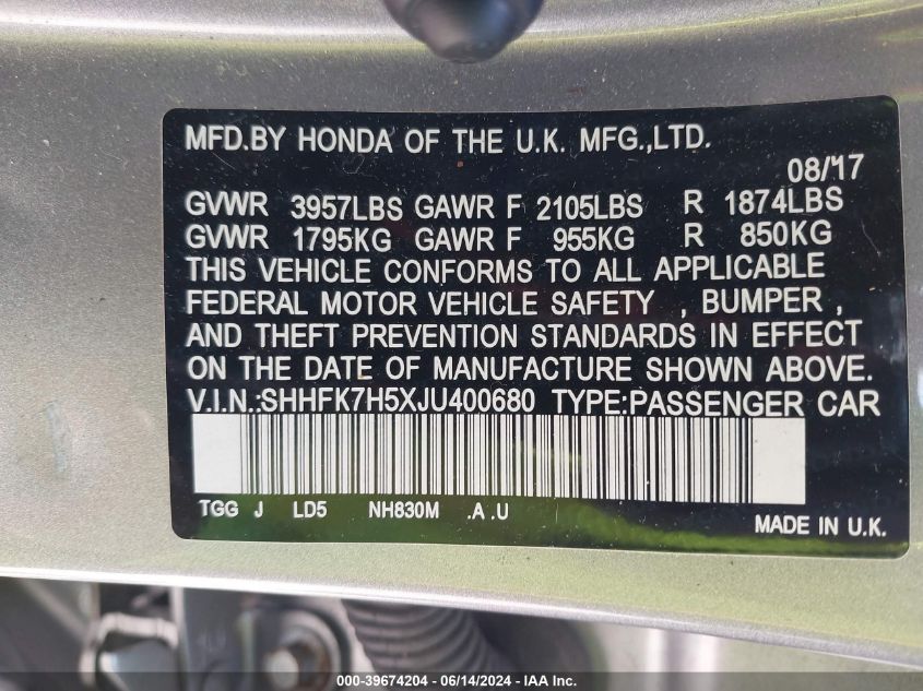 2018 Honda Civic Ex VIN: SHHFK7H5XJU400680 Lot: 39674204