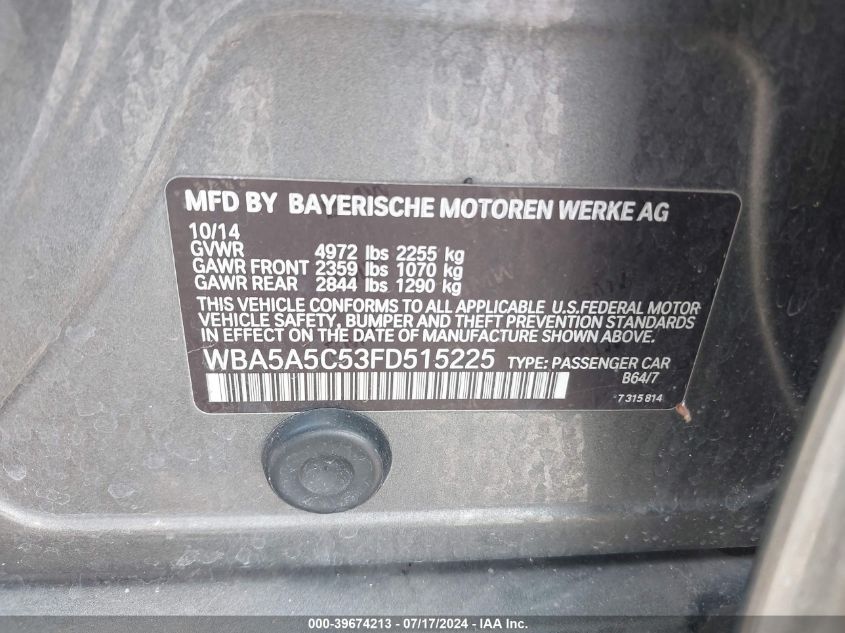 2015 BMW 528I VIN: WBA5A5C53FD515225 Lot: 39674213