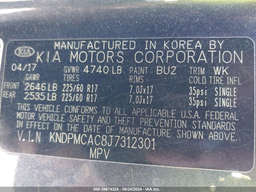 2018 Kia Sportage Lx VIN: KNDPMCAC8J7312301 Lot: 39674224