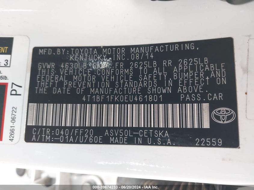 2014 Toyota Camry L/Se/Le/Xle VIN: 4T1BF1FK0EU461801 Lot: 39674233