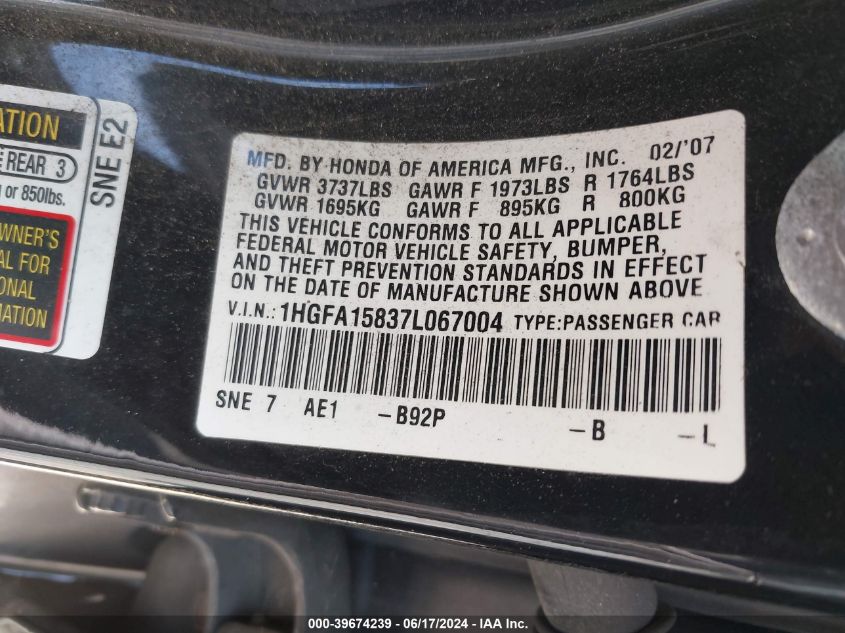 2007 Honda Civic Ex VIN: 1HGFA15837L067004 Lot: 39674239