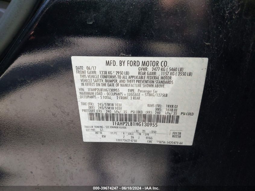 2017 Ford Police Interceptor VIN: 1FAHP2L81HG130955 Lot: 39674247