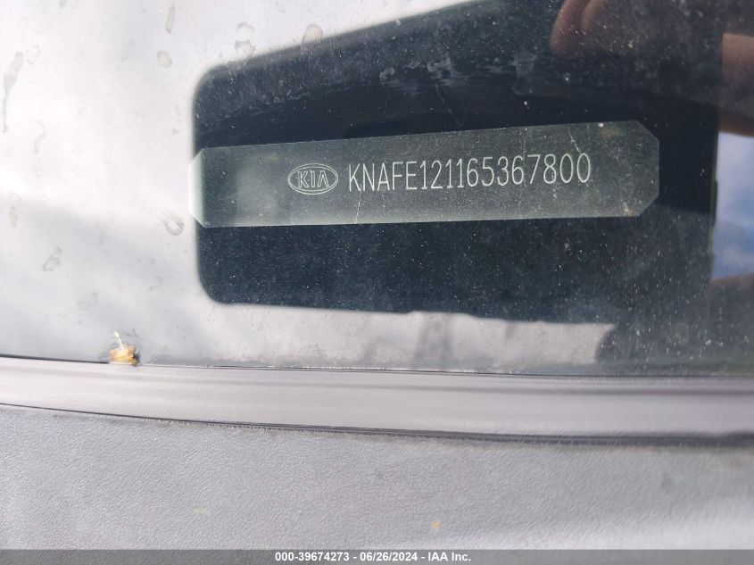 2006 Kia Spectra Ex/Lx/Sx VIN: KNAFE121165367800 Lot: 39674273