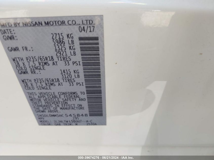 2017 Infiniti Qx60 VIN: 5N1DL0MM5HC545848 Lot: 39674276