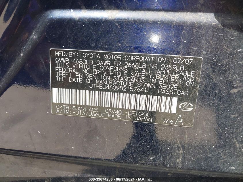 2008 Lexus Es 350 VIN: JTHBJ46G982157641 Lot: 39674286