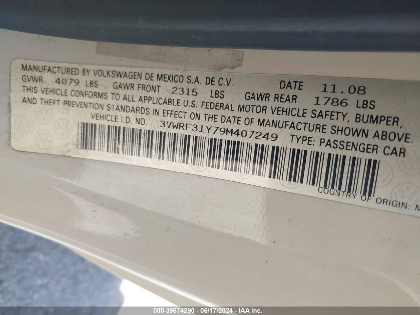 2009 Volkswagen New Beetle 2.5L VIN: 3VWRF31Y79M407249 Lot: 39674290