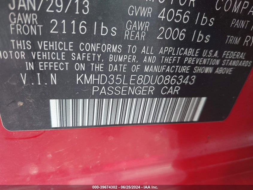 2013 Hyundai Elantra Gt VIN: KMHD35LE8DU086343 Lot: 39674302