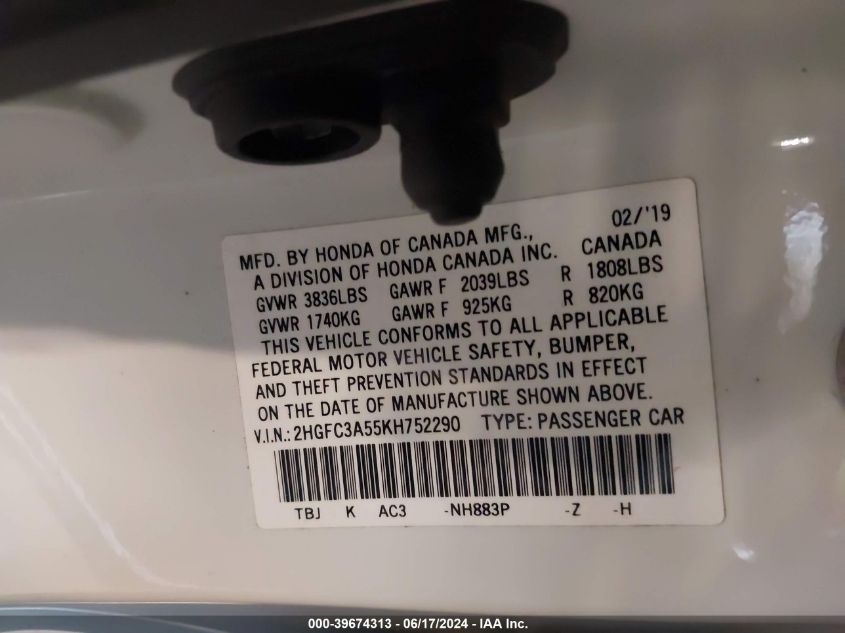 2019 Honda Civic Si VIN: 2HGFC3A55KH752290 Lot: 39674313